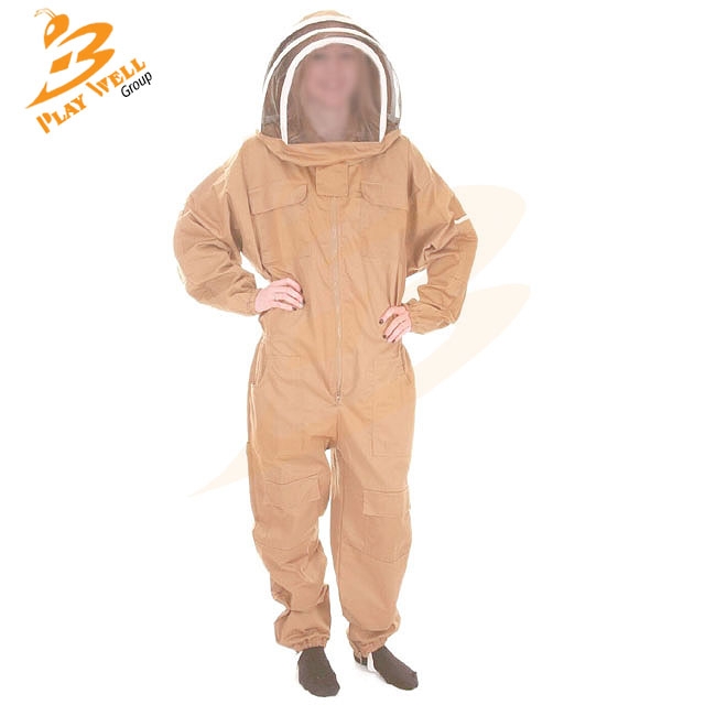 Pro L/XL/XXL Cotton Full Body Beekeeping Bee Keeping Suit with Veil Hood Khaki 